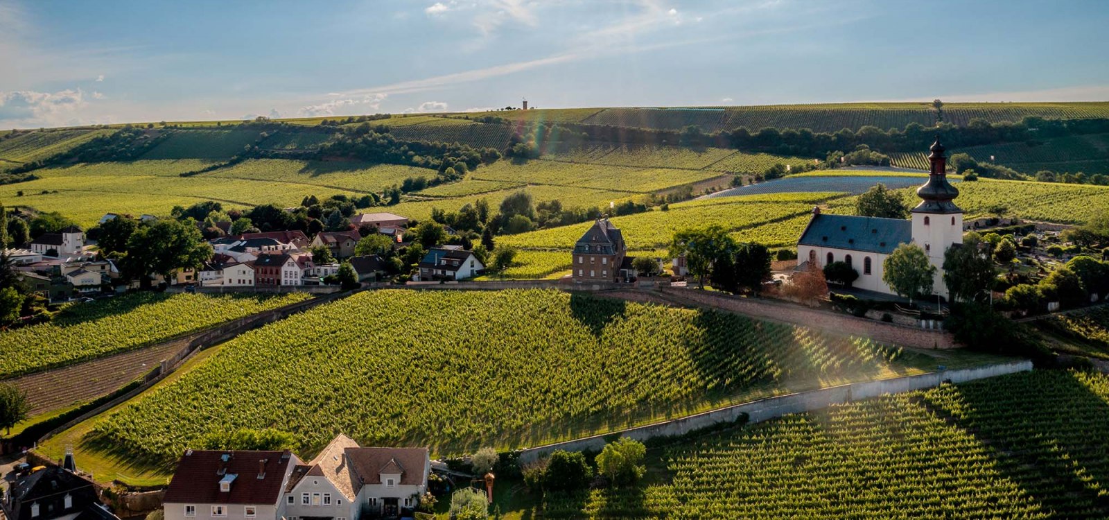 Wijngaard &quot;Niersteiner Glöck&quot; bij zonsondergang. Boven de wijngaard ligt de Kilianskirche, een bezienswaardigheid in Nierstein.
, © Torsten Silz